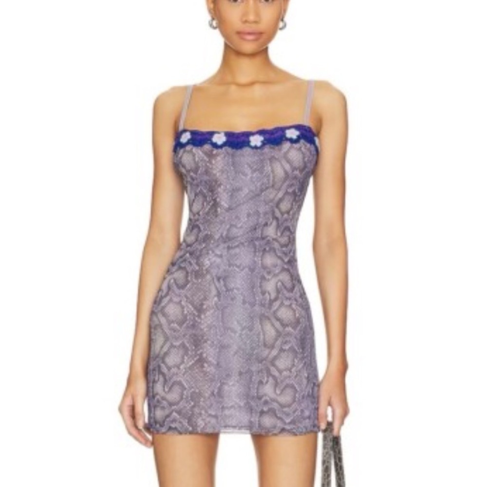 DANIELLE QUIZIO REVOLVE Snake Print Mesh Mini Dress Floral Crochet Trim Size XS